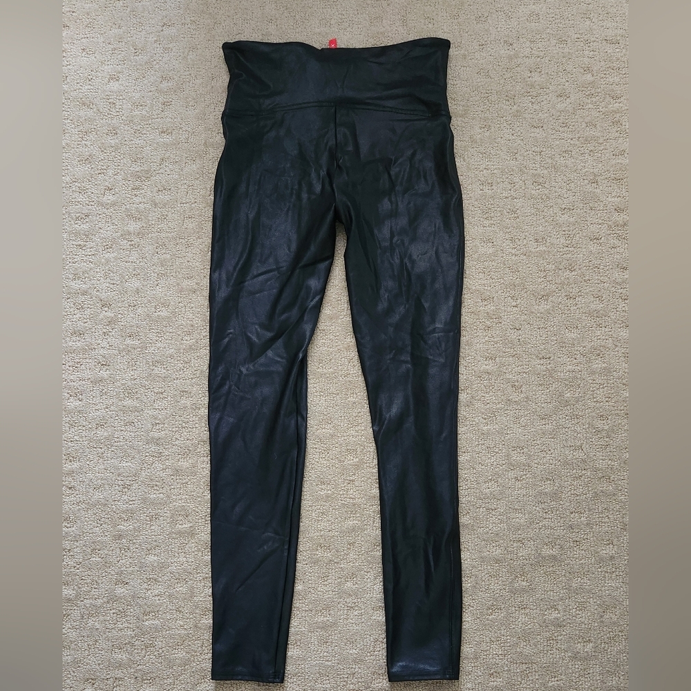 SPANX black faux leather shiny legging pant shapewear control waist Large - Picture 5 of 11